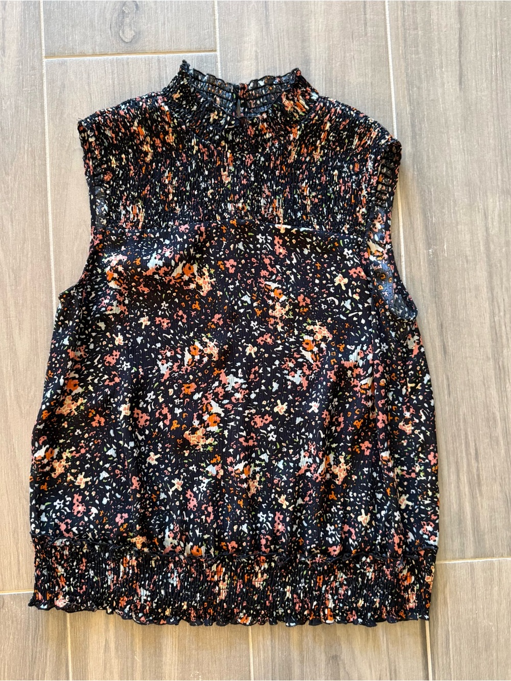 Zara Black Sleeveless Smocked Neck Floral Blouse